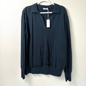 MERSEA Mariner Polo Sweater Womens L Navy Blue Cotton Wool Blend V Neck NWT
